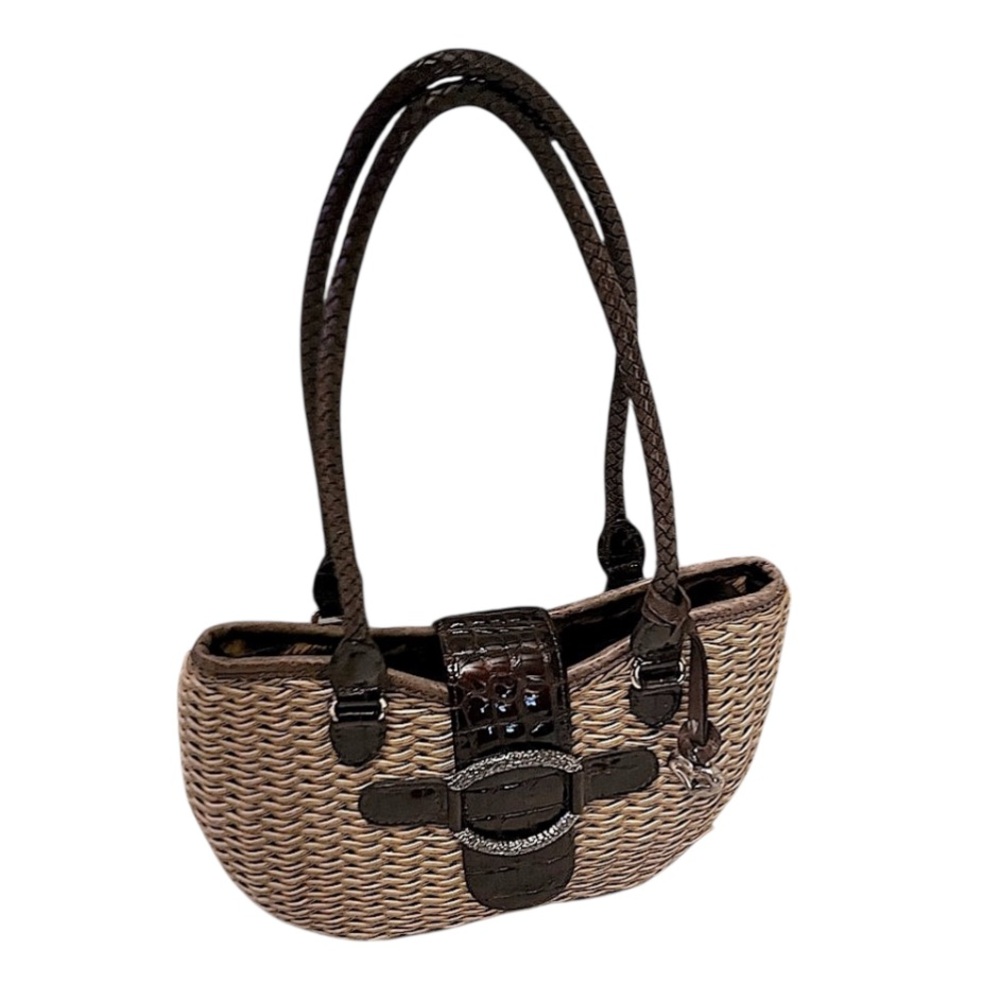 Brighton Basket Weave Brown Leather Braided Straps Croc Embossed Shoulder Bag